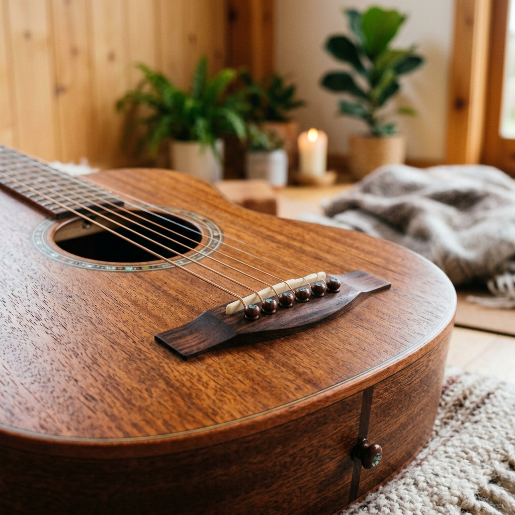 Nahaufnahme von eleganten Akustikgitarrensaiten und einem Korpus aus reichem Mahagoni