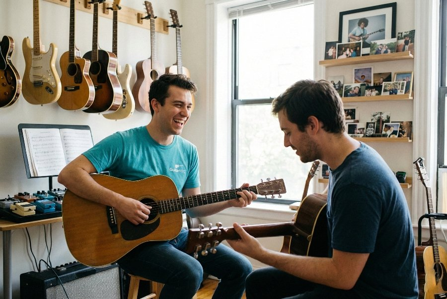 Ein Lehrer führt behutsam die Finger eines Kindes auf den Saiten einer Akustikgitarre in einer warmen, natürlichen Studioumgebung