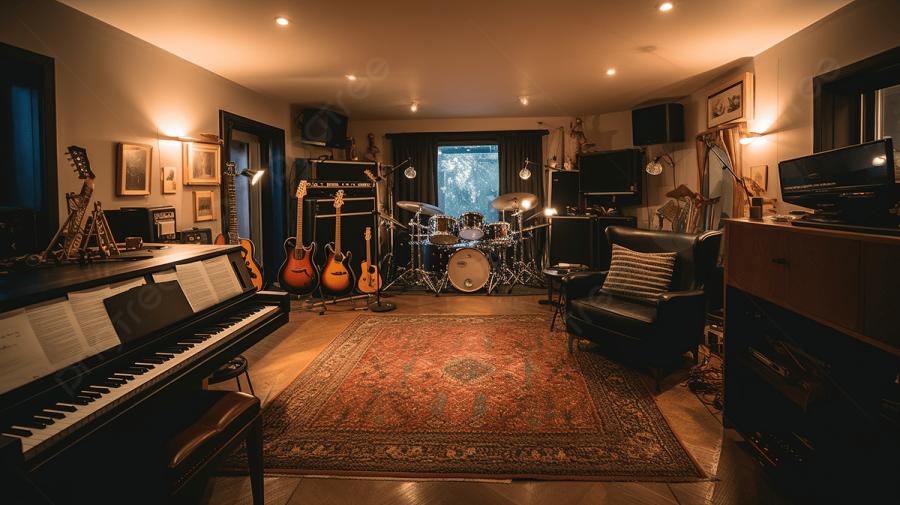 Warm beleuchtetes, minimalistisches Studio mit massiven Holzböden, weichen Leinenvorhängen und bequemen Bodenkissen