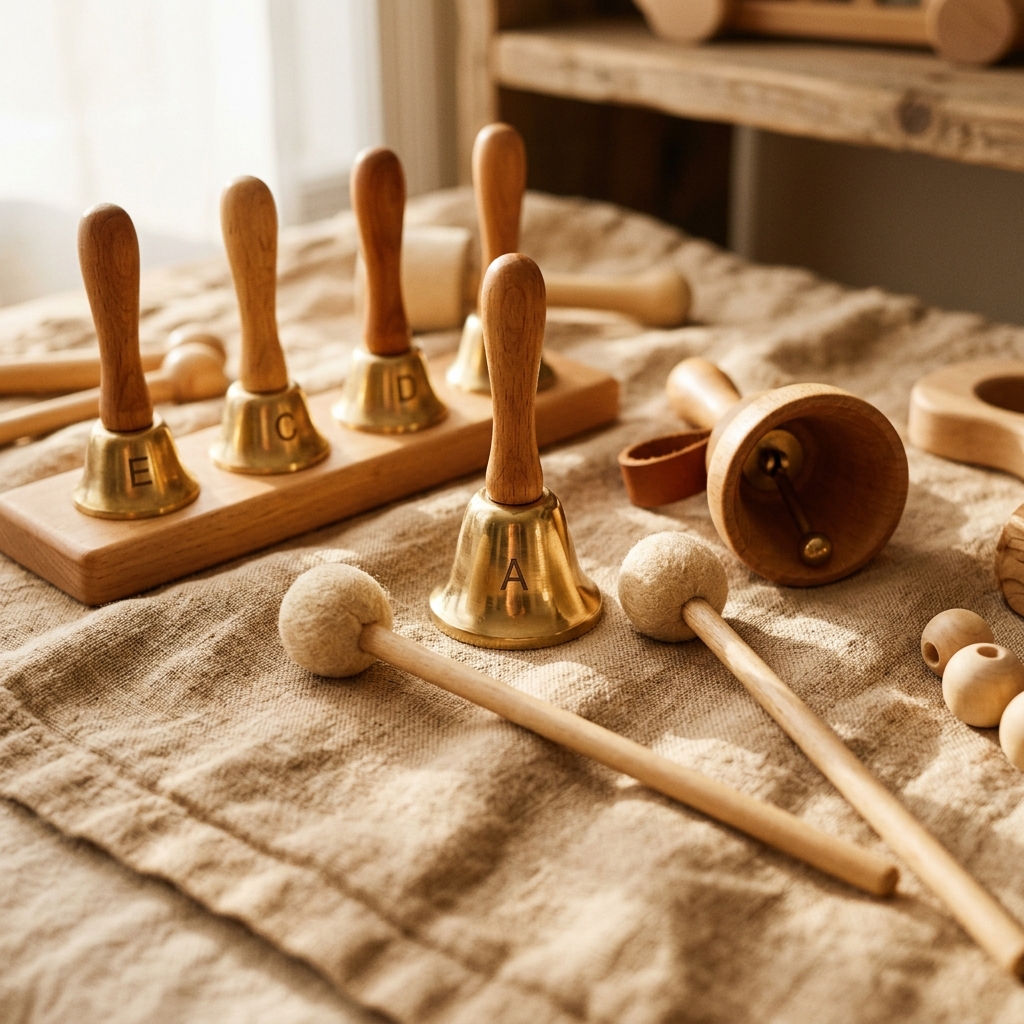 Montessori-Holzinstrumente, Glocken und weiche Filzschlägel auf warmem Leinen